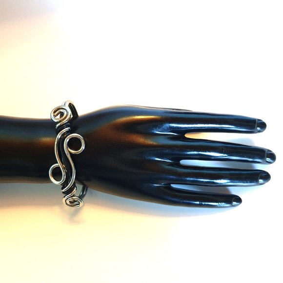 2.5'' Handcrafted Silver Wave Cuff Bracelet with Black Wire Accents Swirl Design - Picture 7 of 11